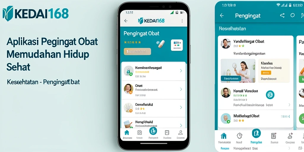 Antarmuka aplikasi KEDAI168 dengan fitur pengingat obat yang jelas.